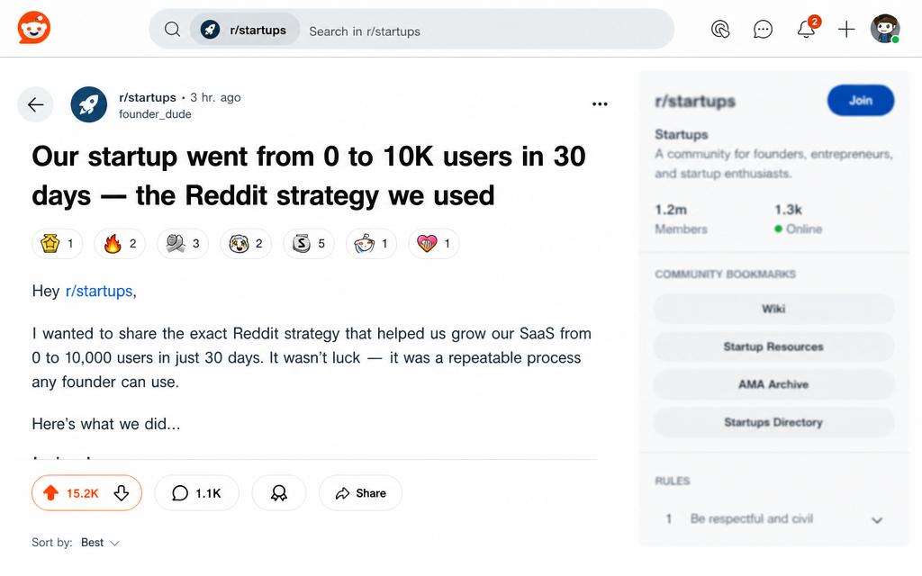 Reddit post in r/startups